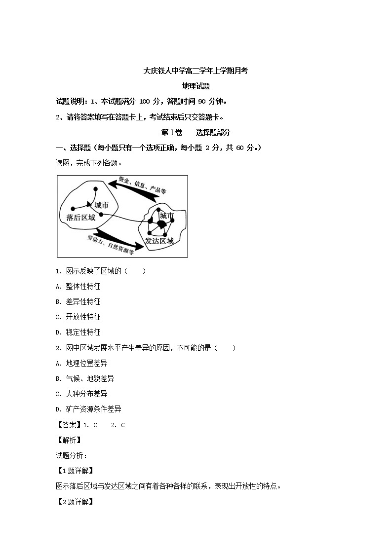 2018-2019学年黑龙江省大庆铁人中学高二上学期第一次月考地理试题= 解析版01