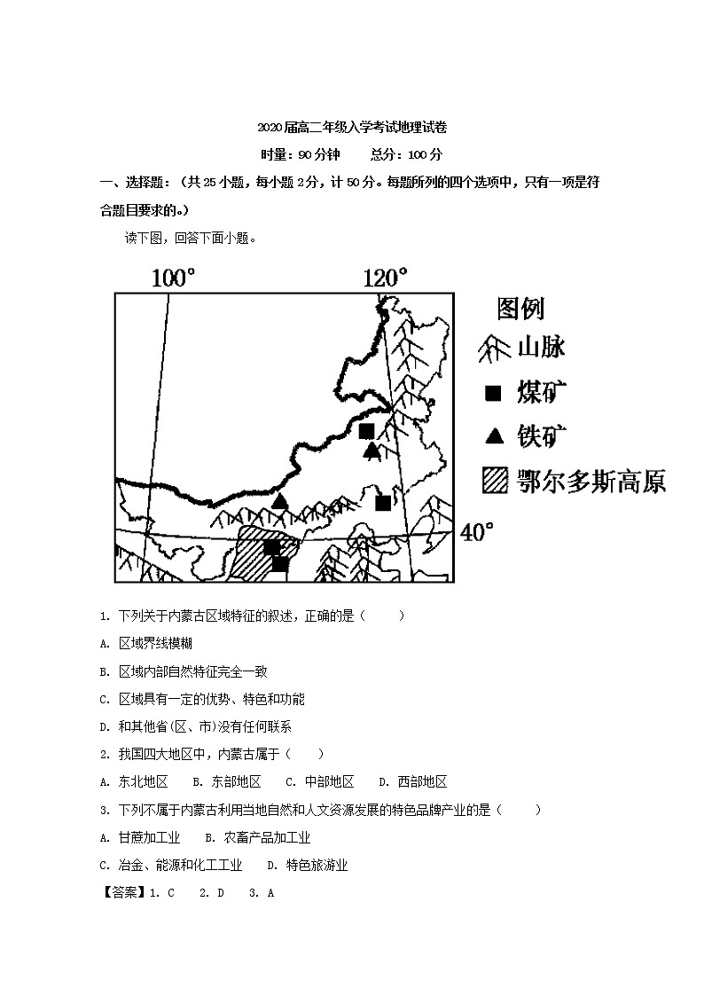 2018-2019学年湖南省醴陵市第一中学高二上学期入学考试地理试题 解析版01