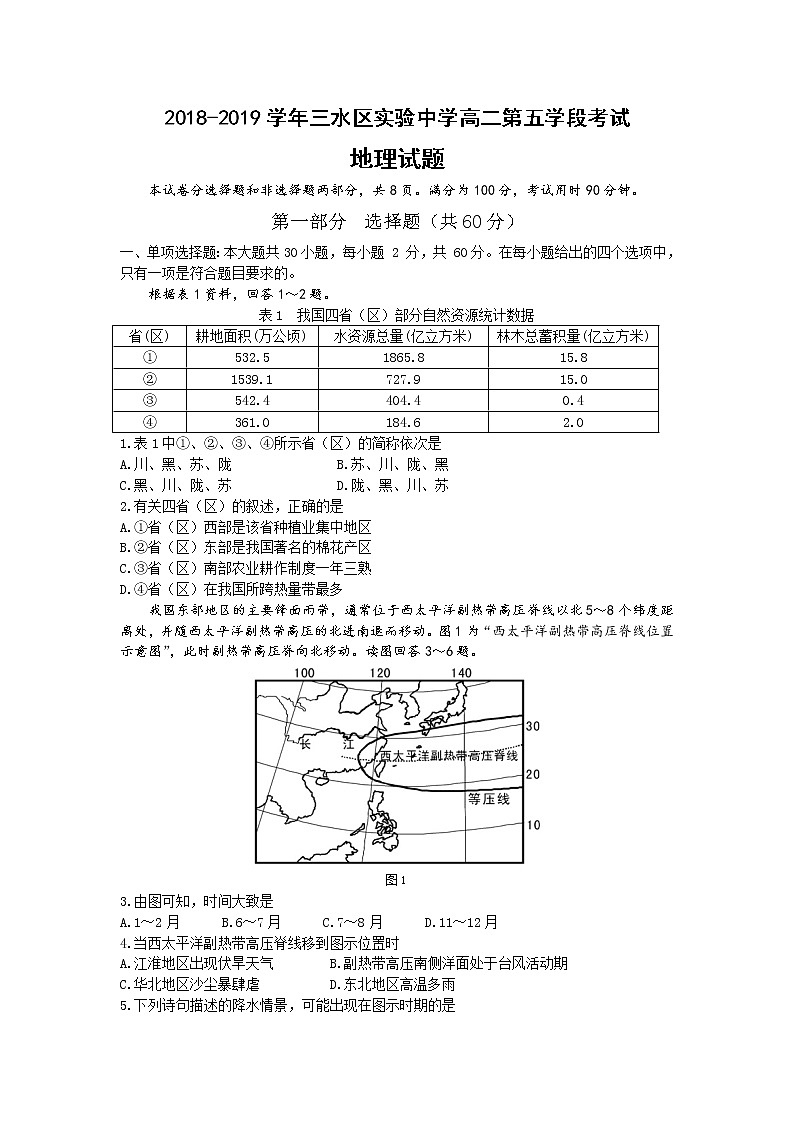 2018-2019学年广东省佛山市三水区实验中学高二上学期第五学段考试地理试题 Word版01