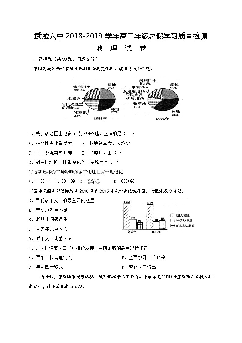 2018-2019学年甘肃省武威市第六中学高二上学期暑期学习质量检测地理试题（Word版）01