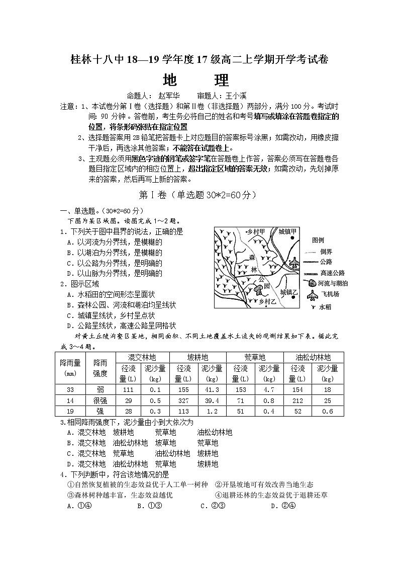 2018-2019学年广西桂林市第十八中学高二上学期开学考试地理试题（Word版）01