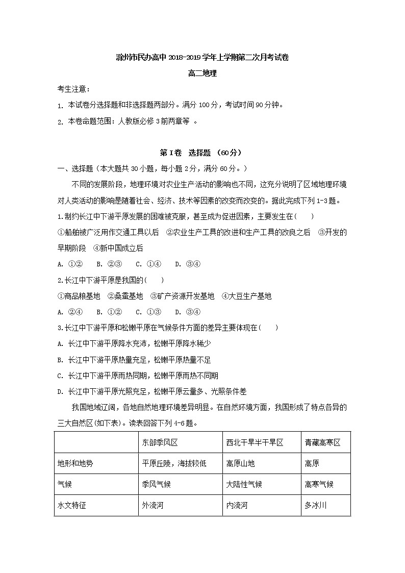 2018-2019学年安徽省滁州市民办高中高二上学期第二次月考地理试题 Word版01
