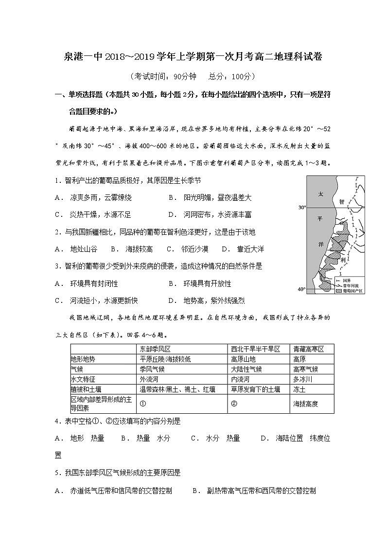 2018-2019学年福建省泉州市泉港区第一中学高二上学期第一次月考试题 地理 Word版01