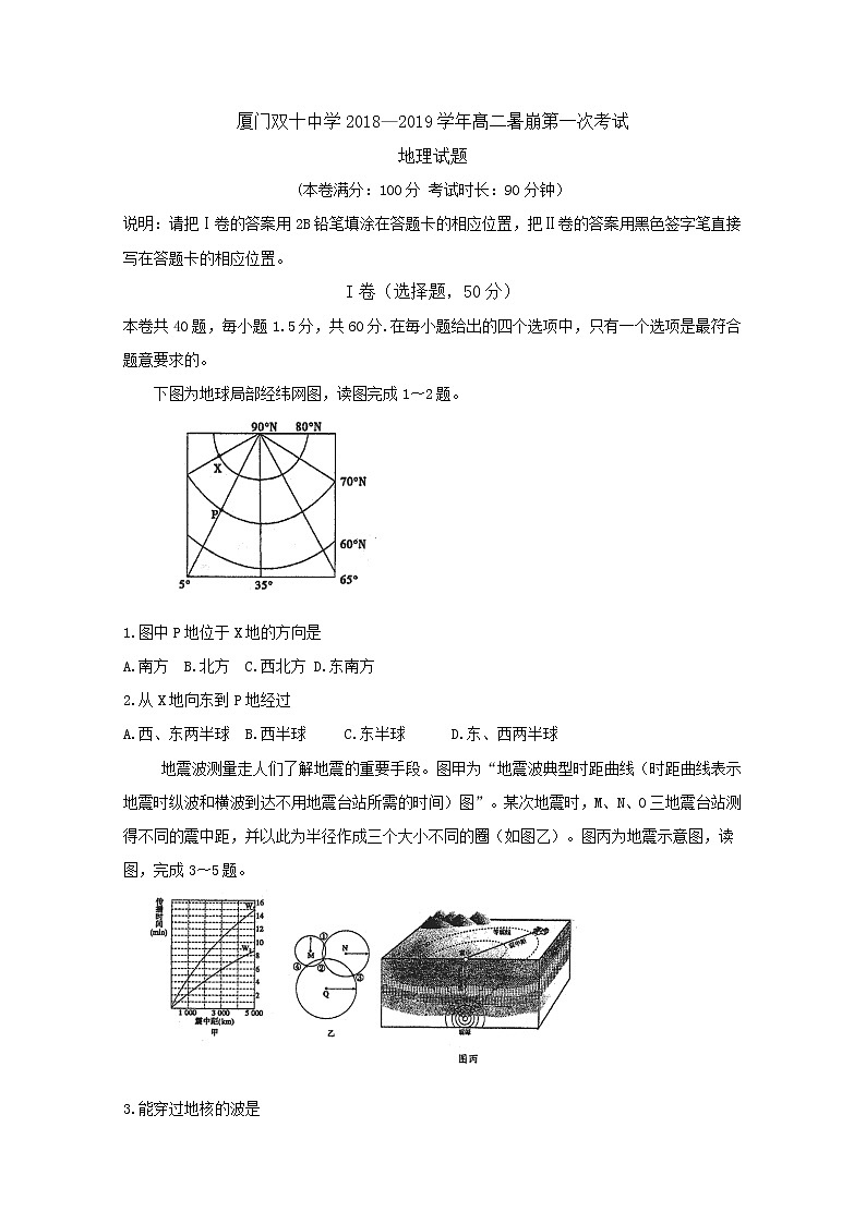 2018-2019学年福建省厦门双十中学高二上学期第一次返校考试地理试题 Word版01