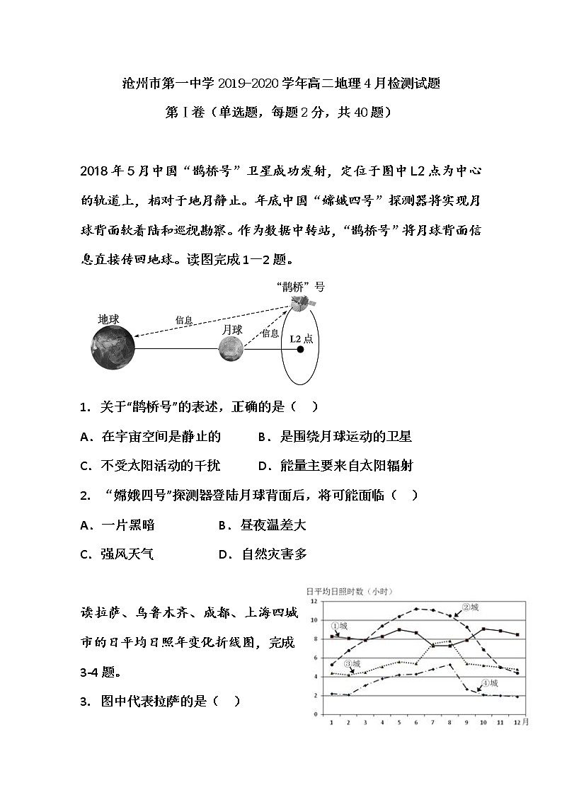 2019-2020学年河北省沧州一中高二4月月考地理试题 Word版第1页
