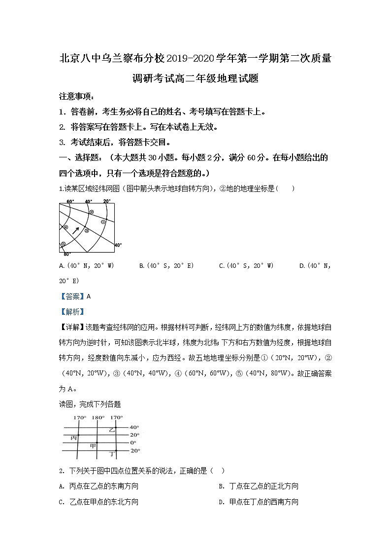 2019-2020学年内蒙古北京八中乌兰察布分校高二上学期第二次调研考试地理试题 解析版01