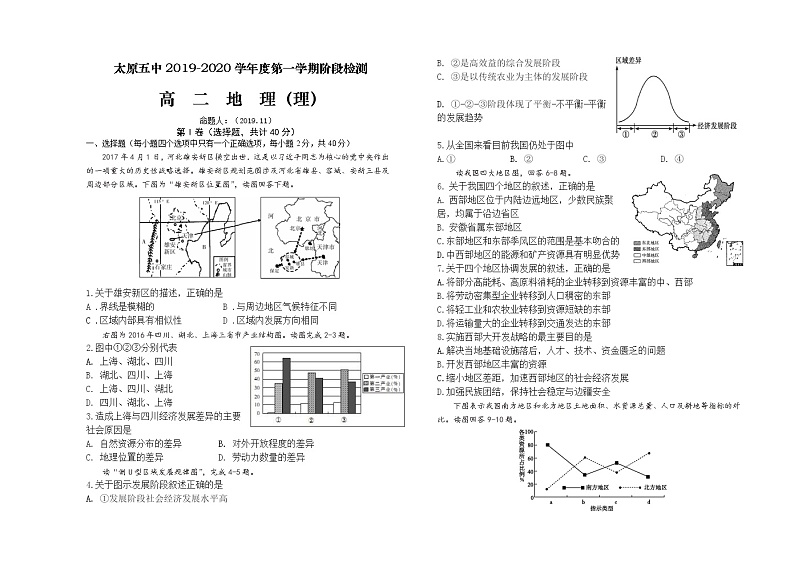 2019-2020学年山西省太原市第五中学高二上学期11月月考试题 地理（理） word版01