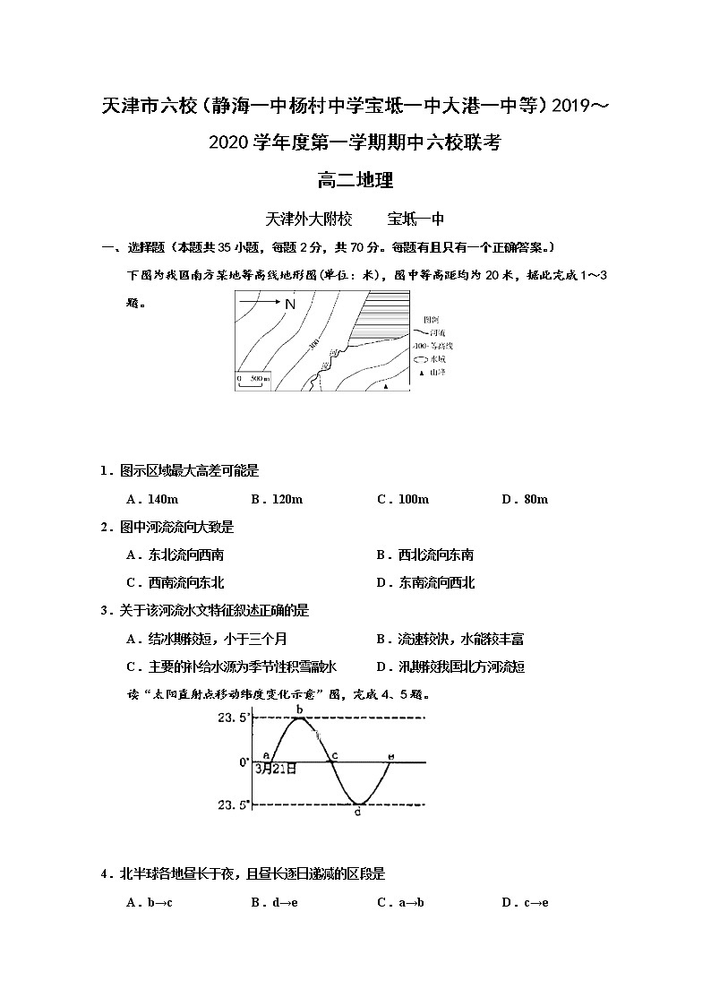 2019-2020学年天津市六校（静海一中杨村中学宝坻一中大港一中等）高二上学期期中联考地理试题 Word版第1页