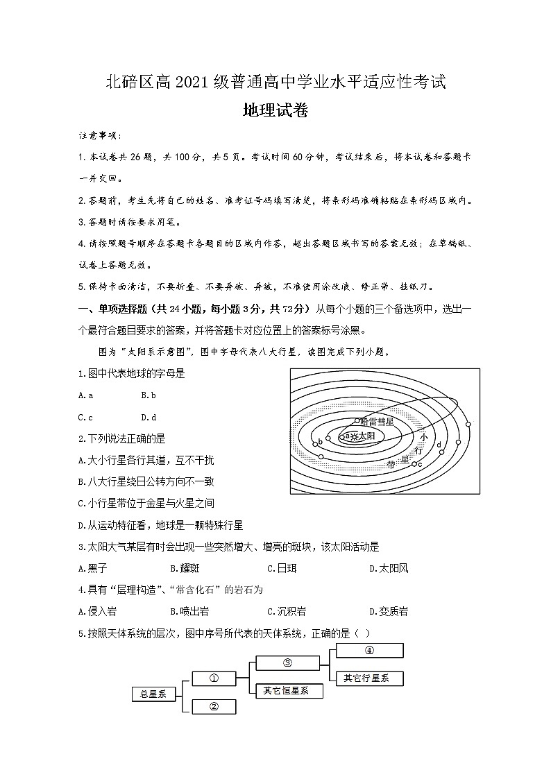 2019-2020学年重庆市北碚区高二上学期学业水平适应性考试（12月）地理试题 Word版01