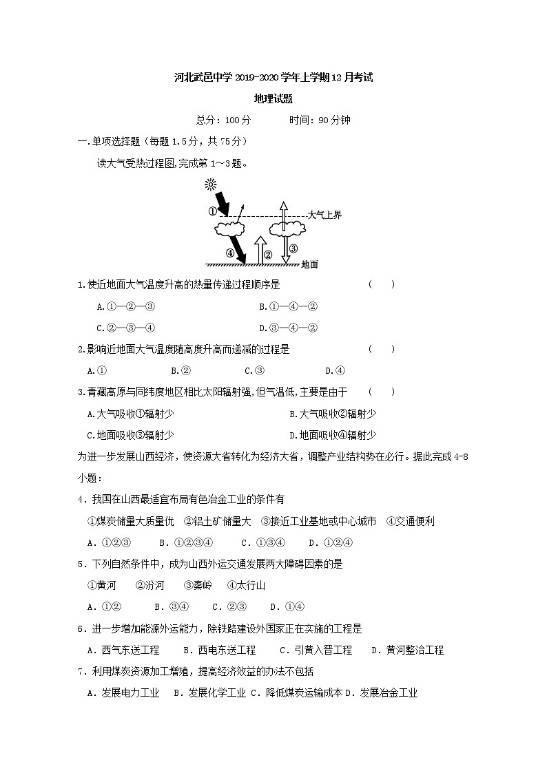 2019-2020学年河北省武邑中学高二12月月考地理试题 word版01