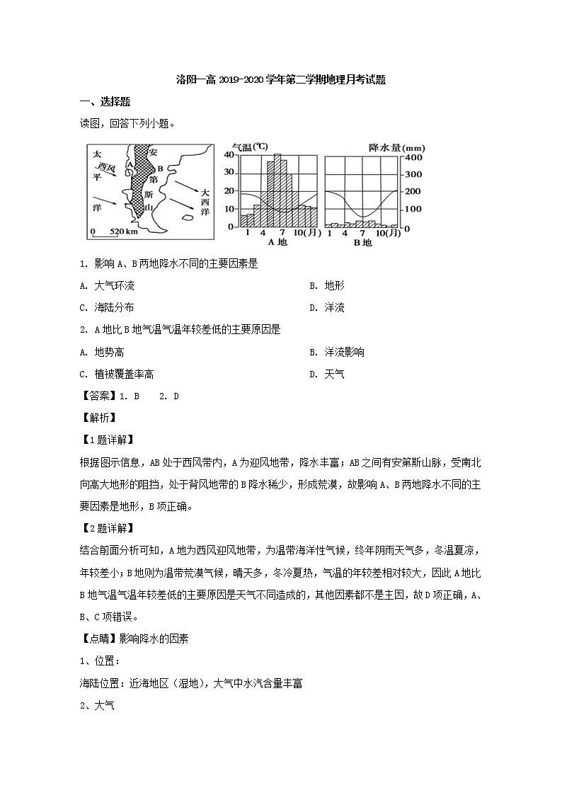 2019-2020学年河南省洛阳市第一高级中学高二9月月考地理试题 解析版01