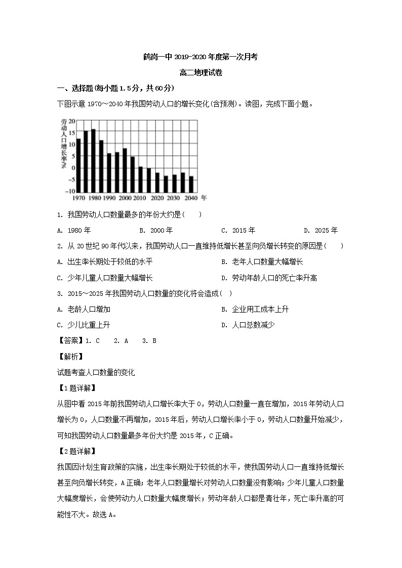 2019-2020学年黑龙江省鹤岗市第一中学高二上学期开学考试（8月）地理试题 解析版01