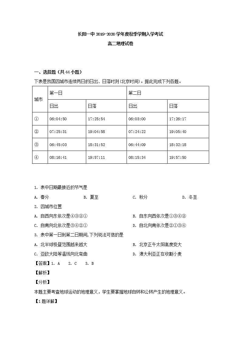 2019-2020学年湖北省长阳县第一高级中学高二上学期入学考试地理试题 解析版01