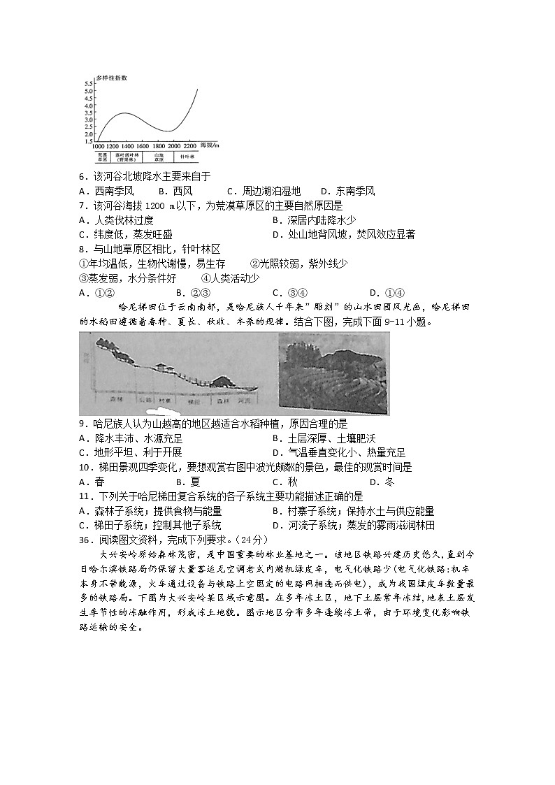 四川省泸县第二中学2020届高三下学期高考适应性考试文综-地理试题02