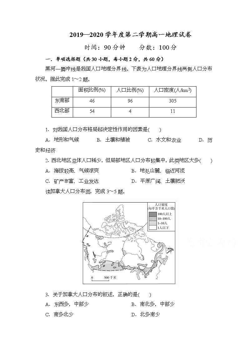 辽宁省锦州市黑山县黑山中学2019-2020学年高一6月质量检测地理试题01