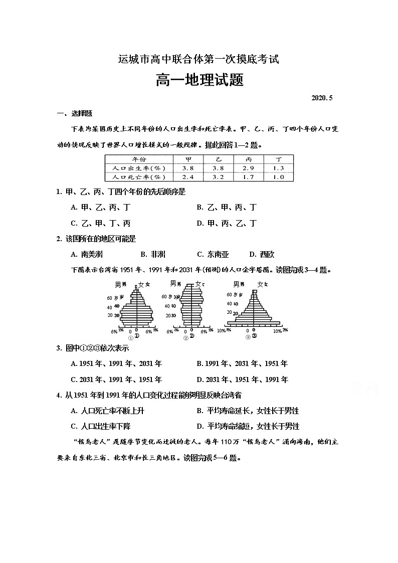 山西省运城市高中联合体2019-2020学年高一下学期第一次摸底考试地理试题第1页
