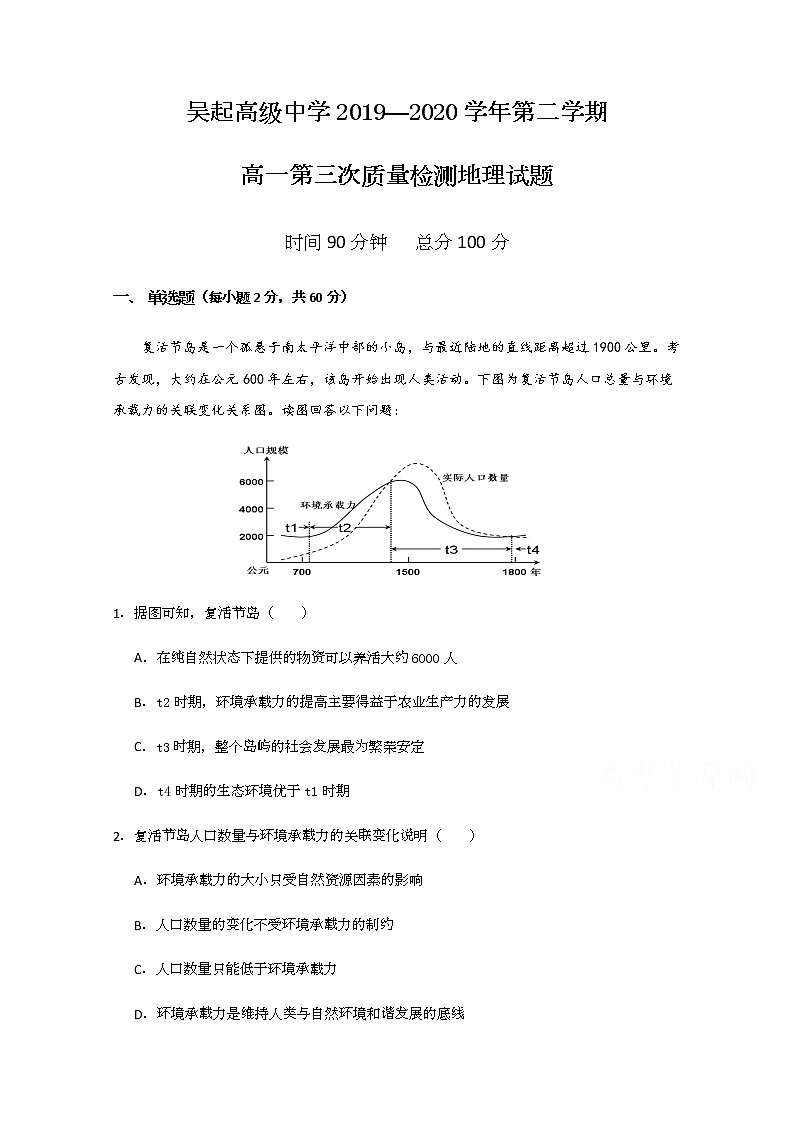 陕西省吴起高级中学2019-2020学年高一下学期第三次质量检测地理试题01