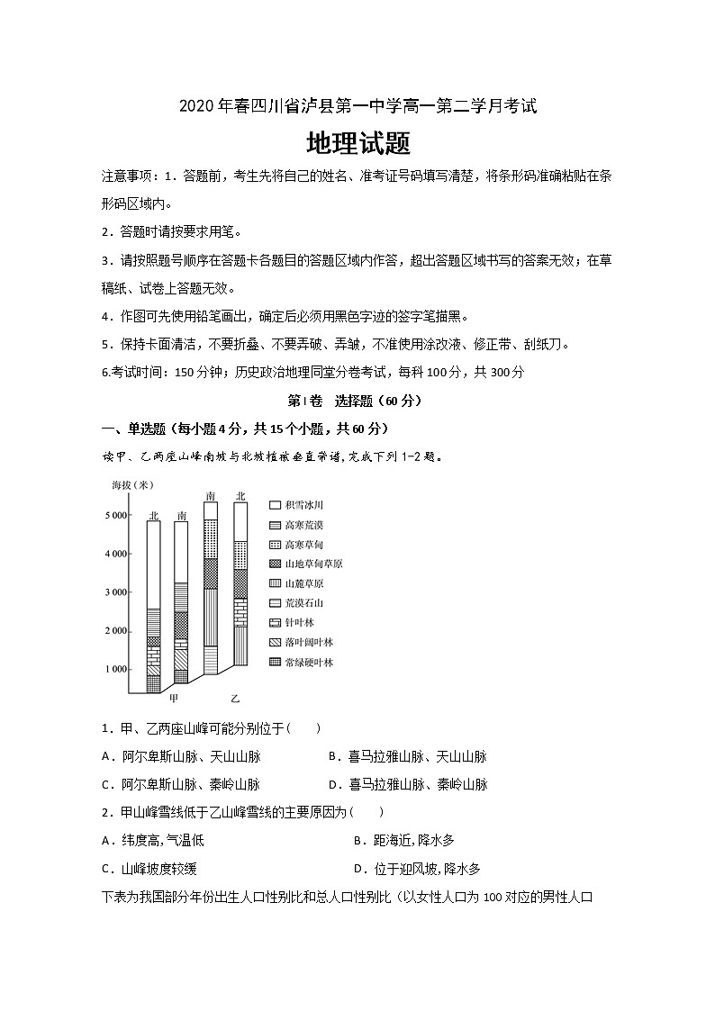 四川省泸县一中2019-2020学年高一下学期月考地理试题01