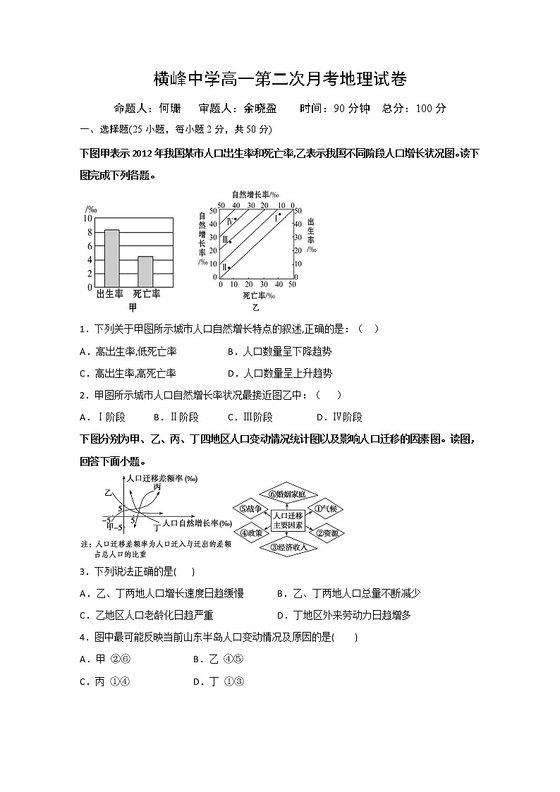 江西省横峰中学2019-2020学年高一下学期月考地理试题01