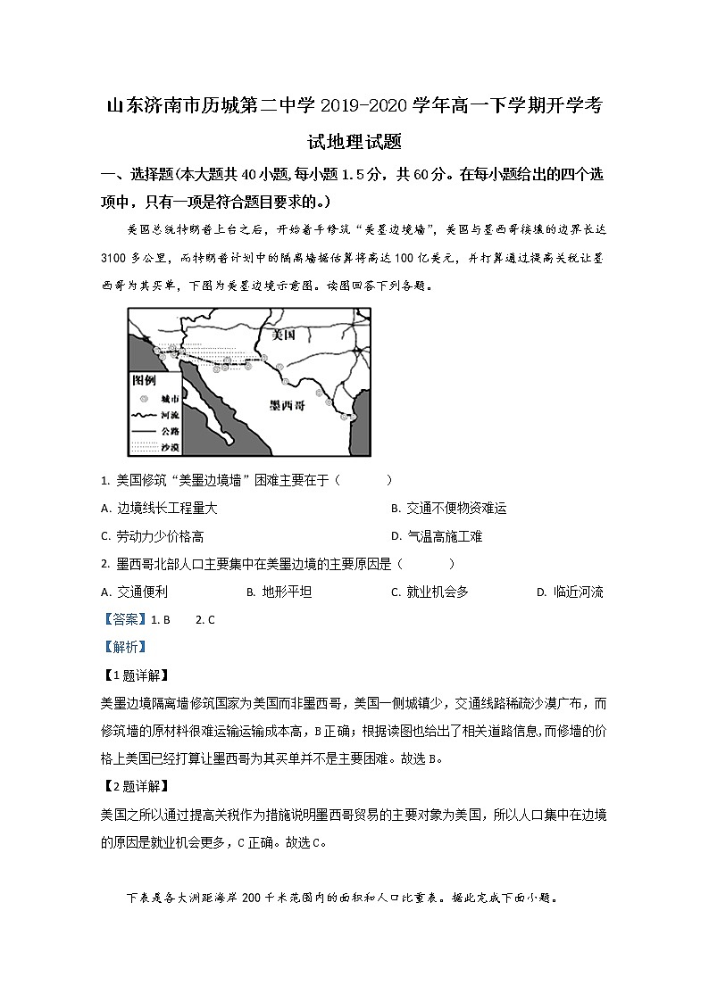 山东省济南市历城第二中学2019-2020学年高一下学期开学考试地理试题01
