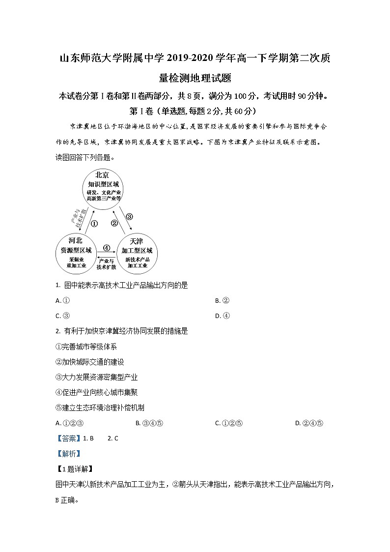 山东师范大学附属中学2019-2020学年高一下学期质量检测地理试题第1页