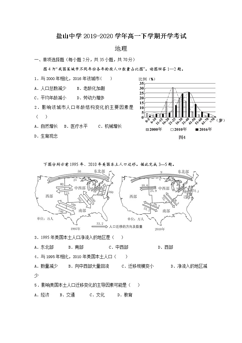 河北省沧州市盐山县盐山中学2019-2020学年高一下学期开学考试地理试题01