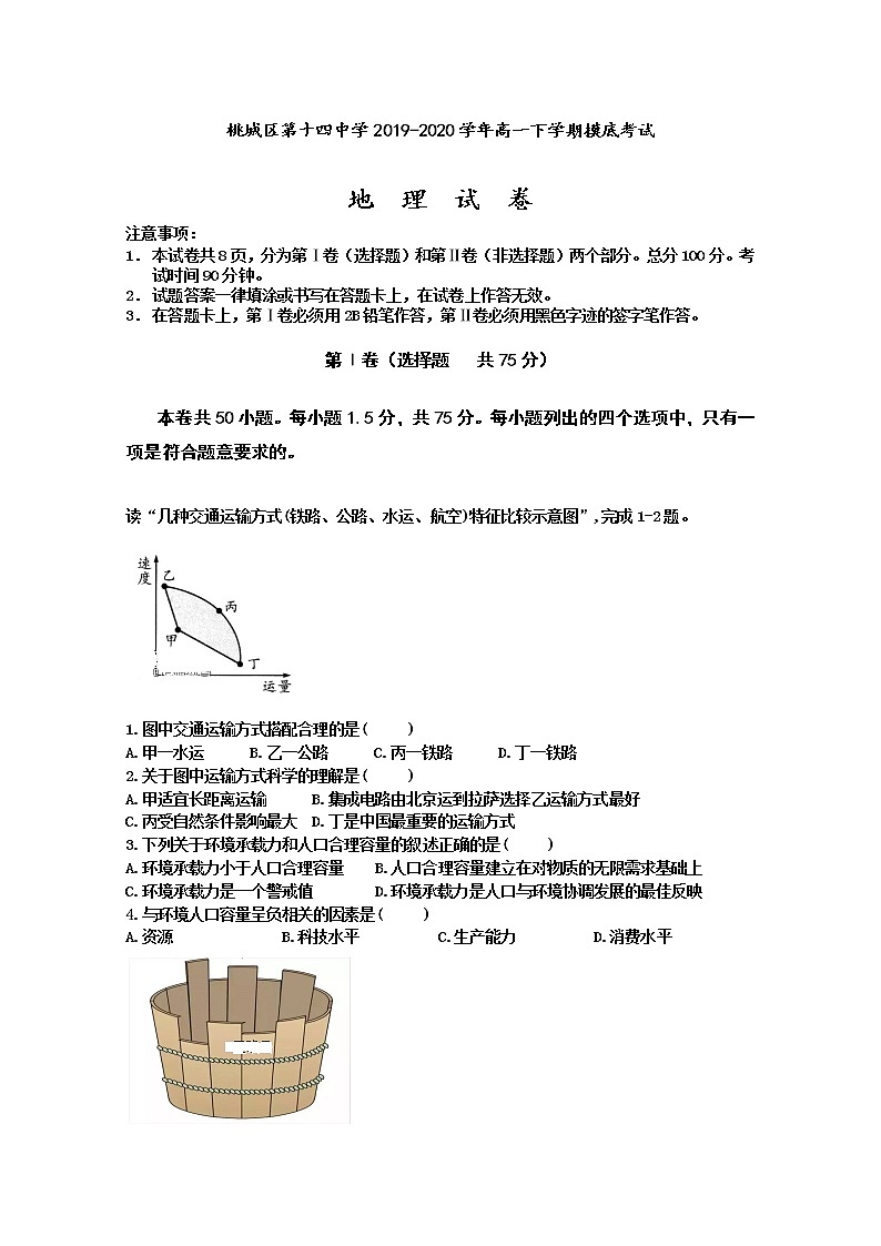 河北省衡水市桃城区第十四中学2019-2020学年高一下学期摸底考试地理试卷01
