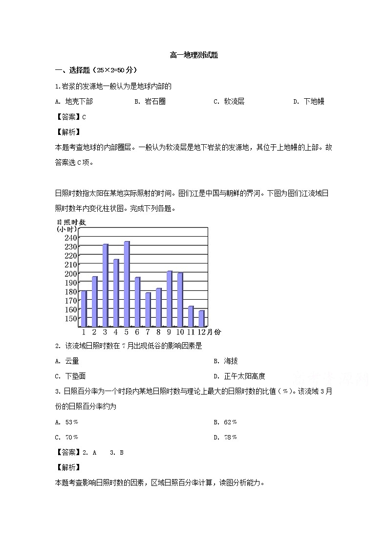 湖北省黄冈市浠水县实验中学2018-2019学年高一下学期测试卷地理试题01