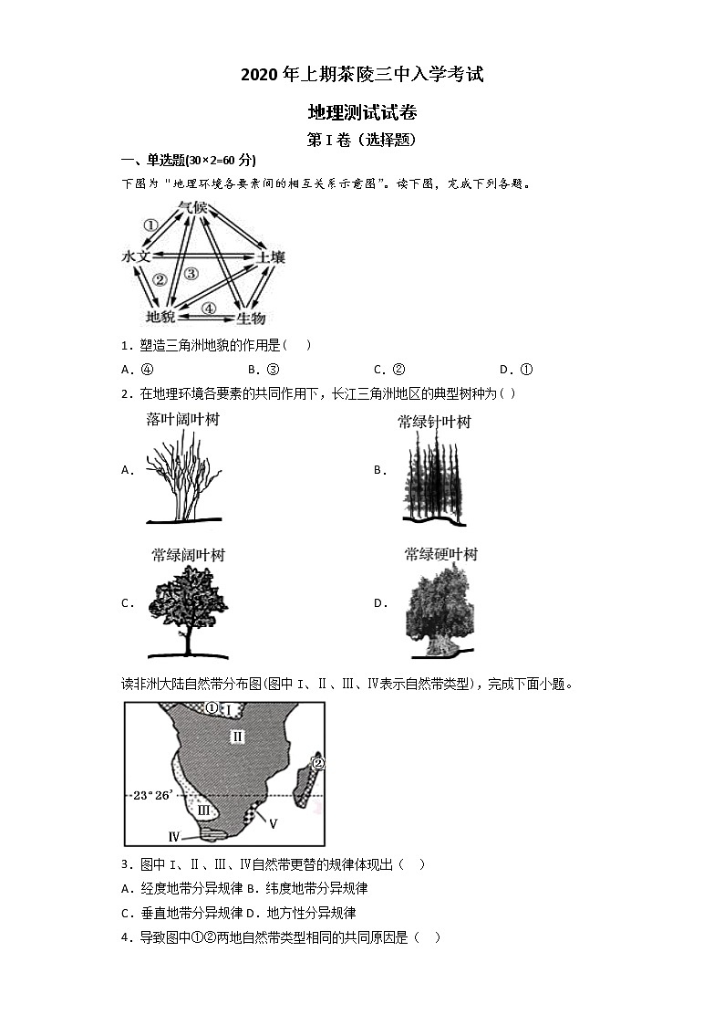 湖南省茶陵县第三中学2019-2020学年高一下学期入学考试地理试题01