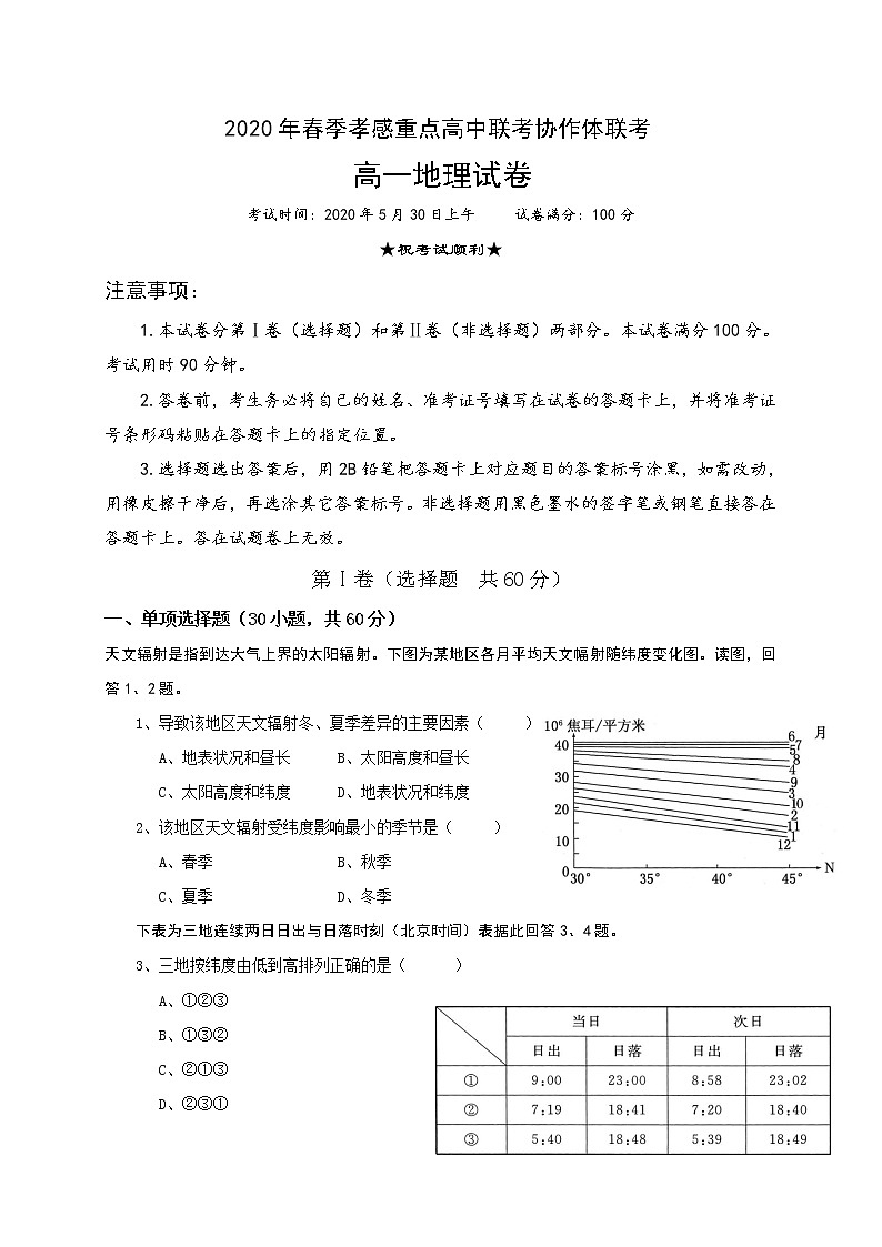 湖北省孝感市重点高中联考协作体2019-2020学年高一下学期联合考试地理试题01