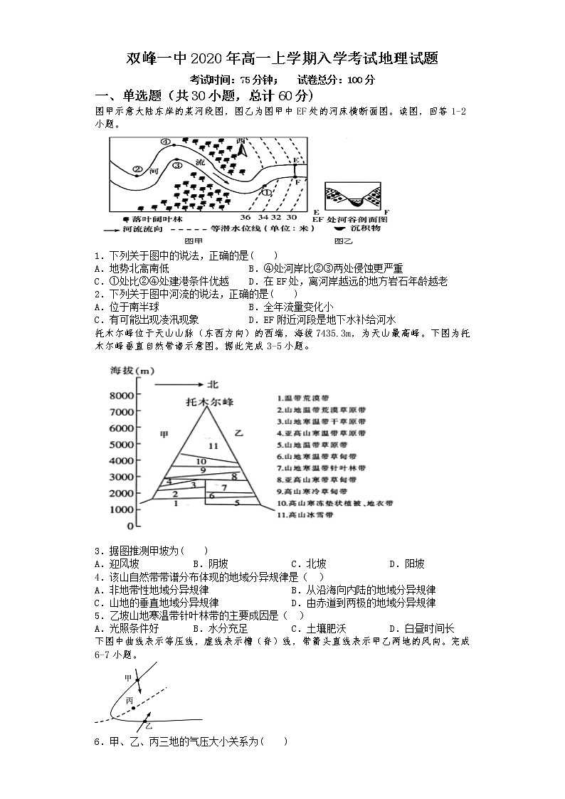 湖南省双峰县第一中学2019-2020学年高一下学期入学考试地理试题01