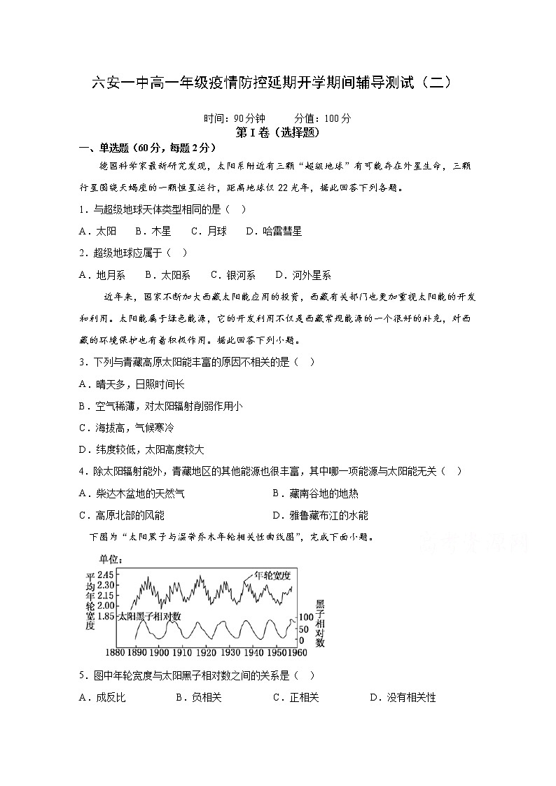 安徽省六安市第一中学2019-2020学年高一下学期疫情防控延期开学期间辅导测试（二）地理试题第1页