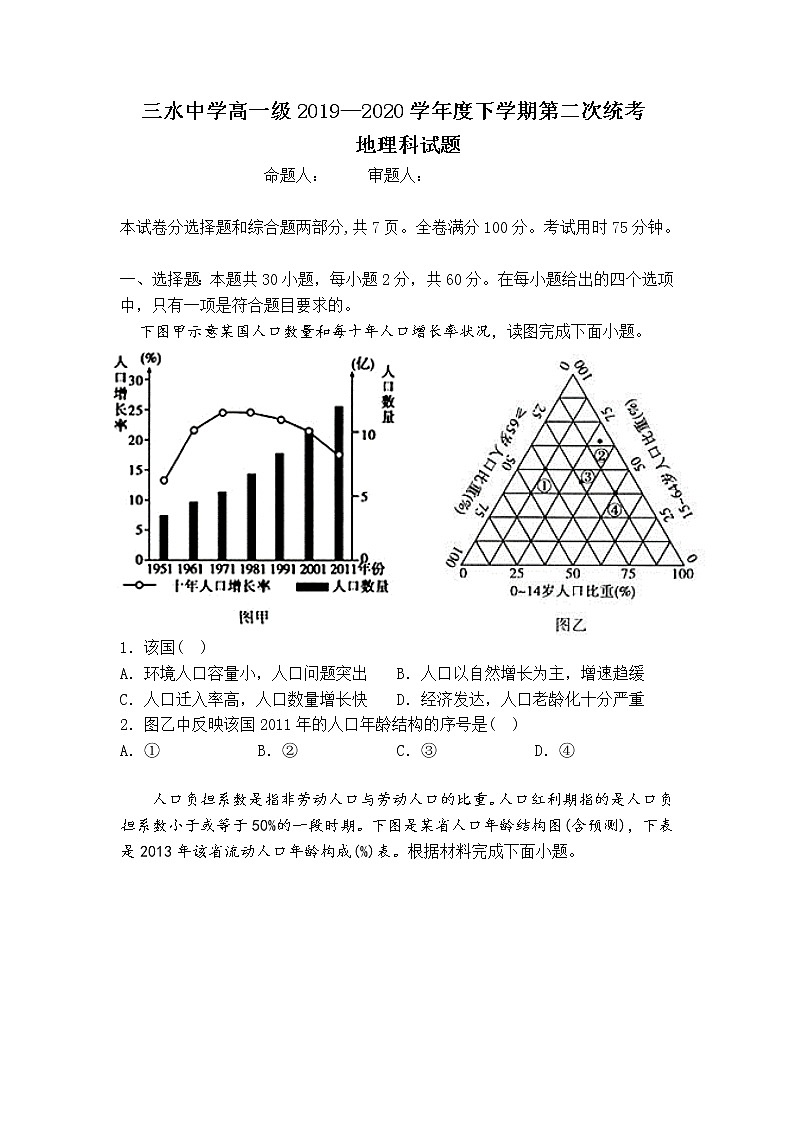 广东省佛山市三水中学2019-2020学年高一下学期统考地理试卷01