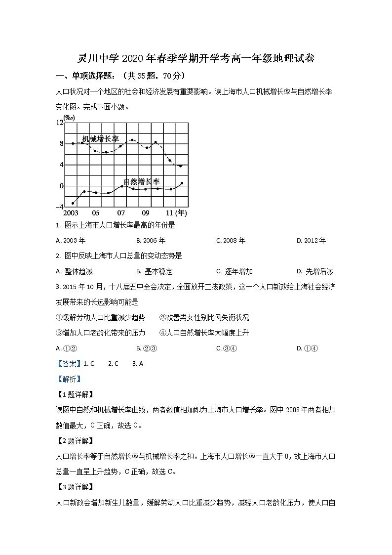 广西桂林市灵川中学2019-2020学年高一下学期开学考试地理试题01