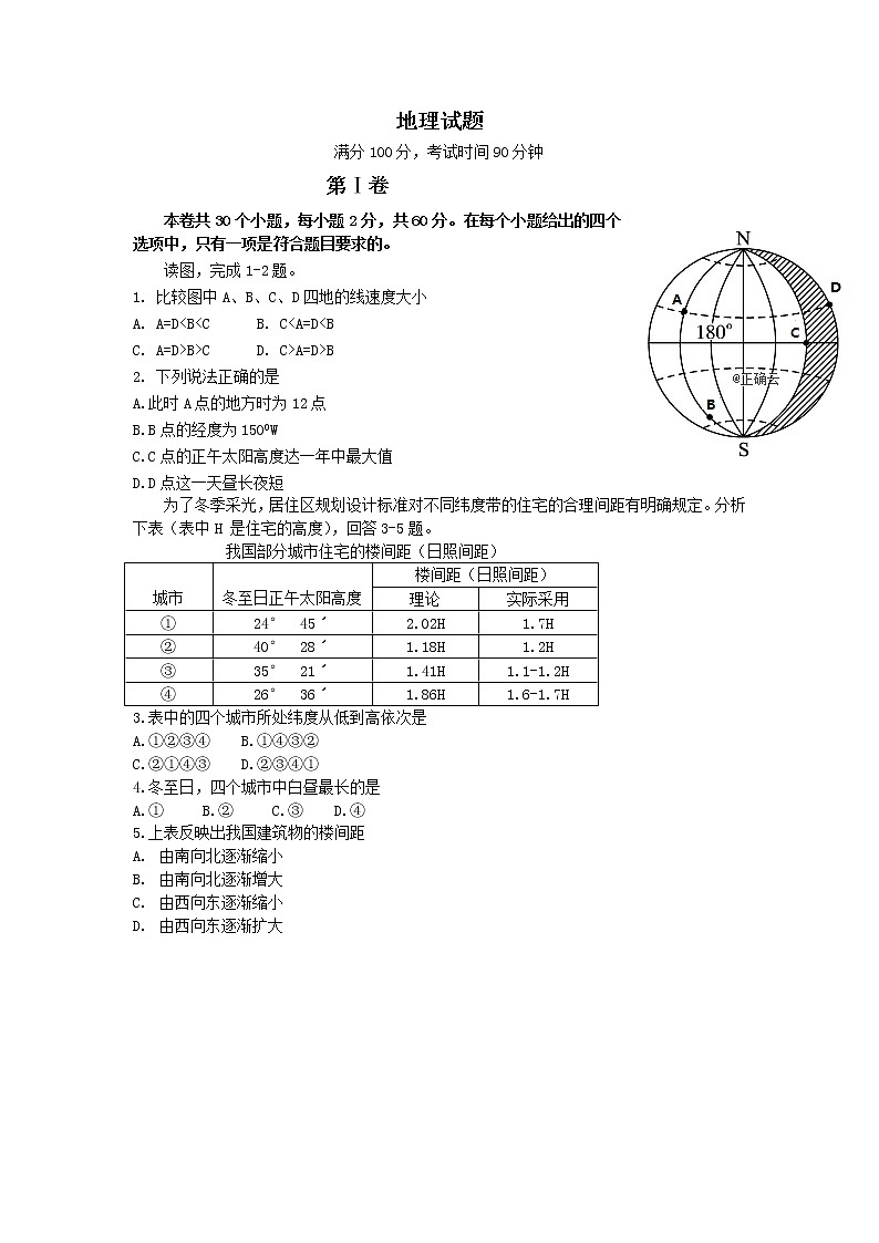 山西省河津市第二中学2019-2020学年高一上学期12月月考地理 试卷01