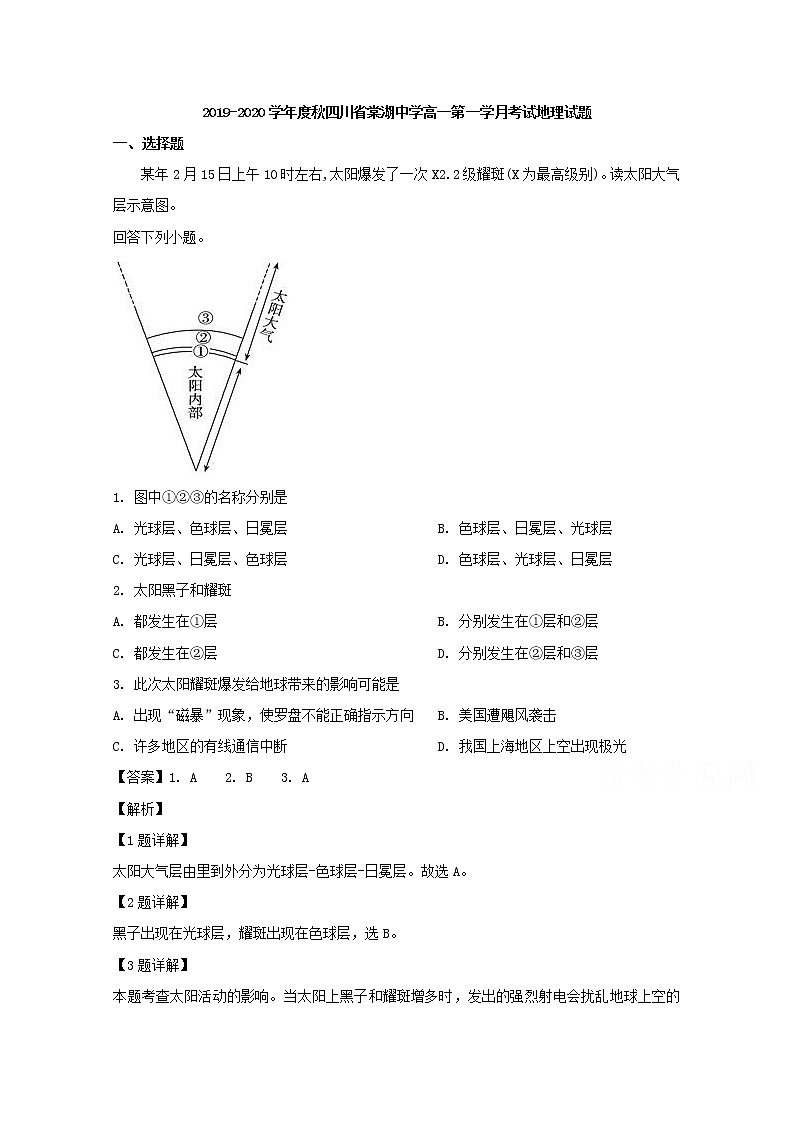 四川省成都市棠湖中学2019-2020学年高一上学期第一次月考地理试题01