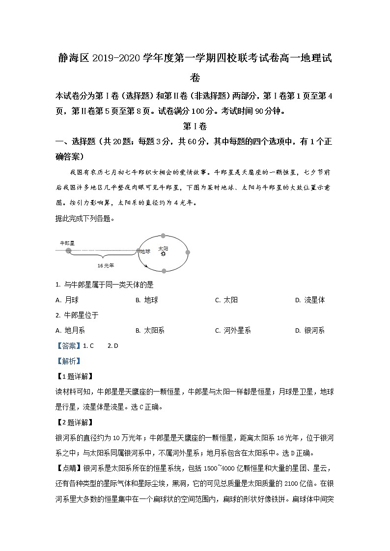 天津市静海区第四中学四校联考2019-2020学年高一11月月考地理试题01