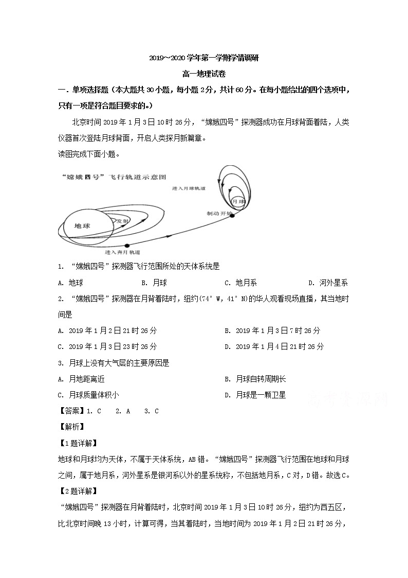 江苏省苏北县2019-2020学年高一上学期学情调研地理试题01