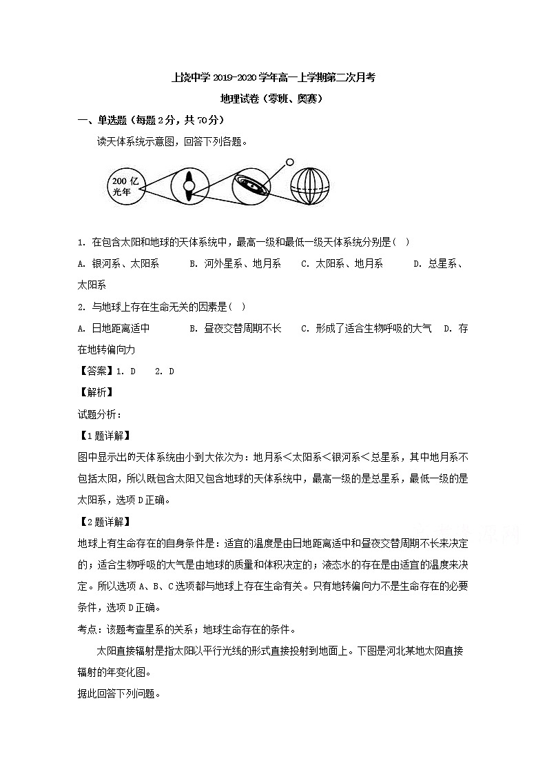 江西省上饶中学2019-2020学年高一上学期月考地理（零班奥赛）试题01