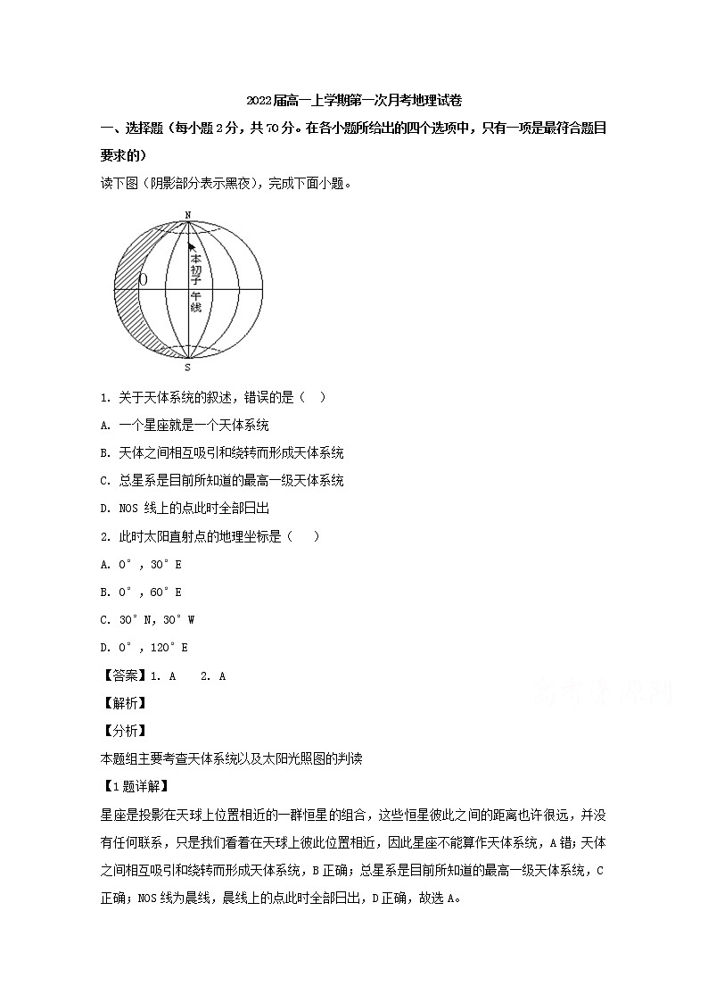 江西省宜春市奉新县第一中学2019-2020学年高一上学期第一次月考地理试题01