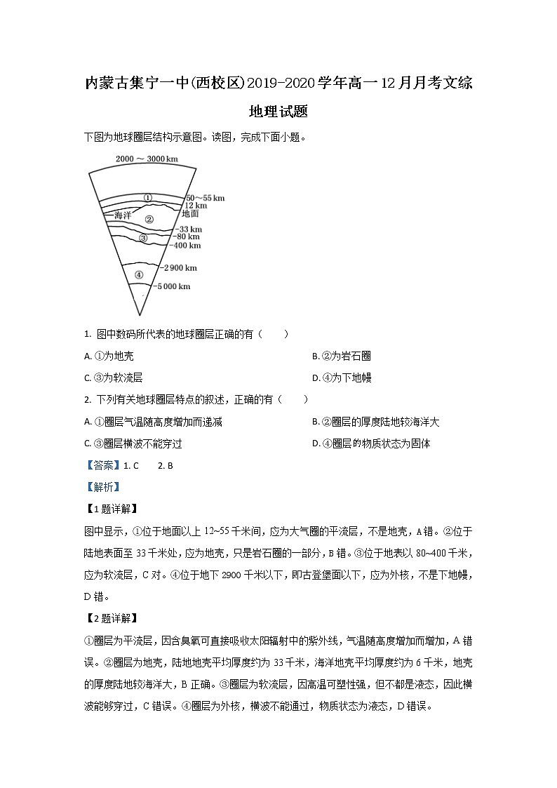 内蒙古集宁一中2019-2020学年高一12月月考地理试题01
