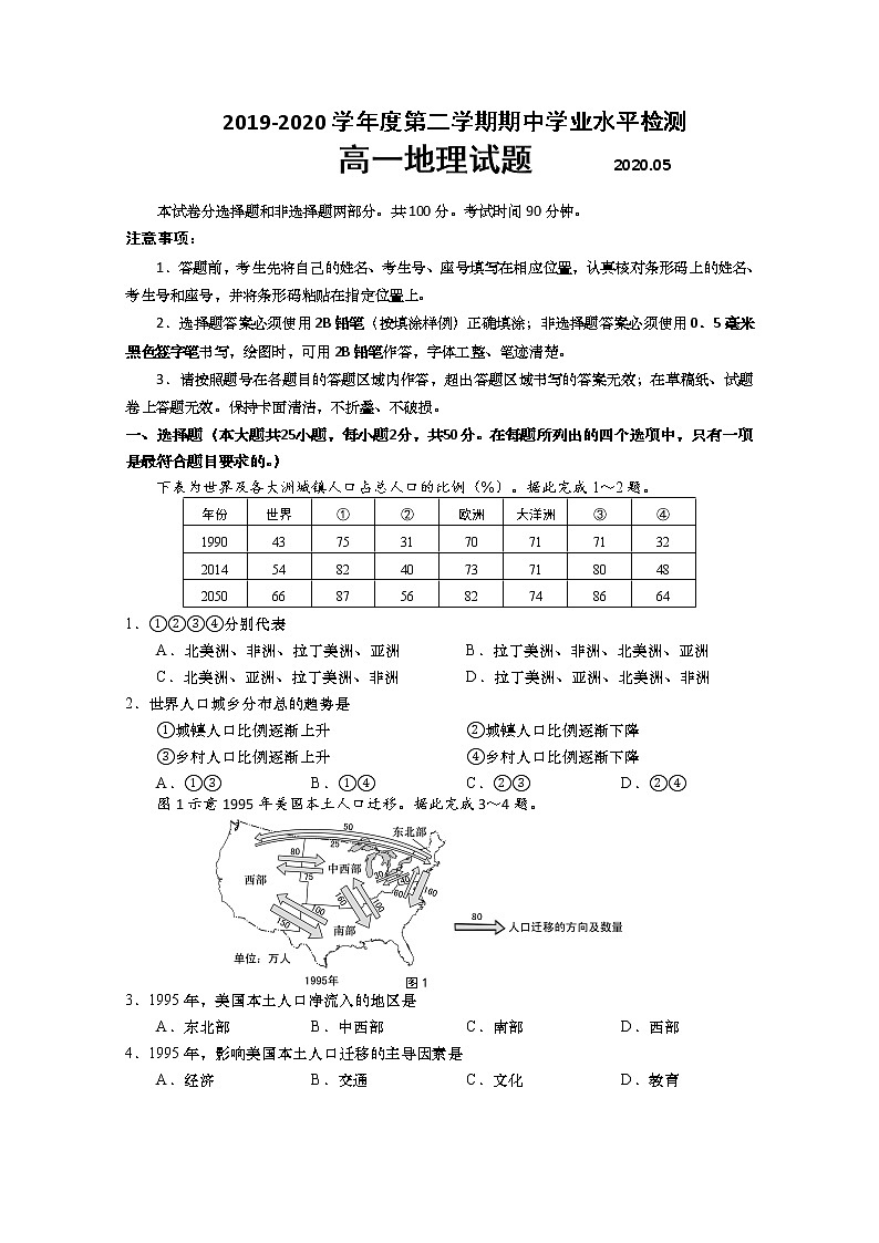 山东省青岛市胶州市2019-2020学年高一下学期期中学业水平检测地理试题01