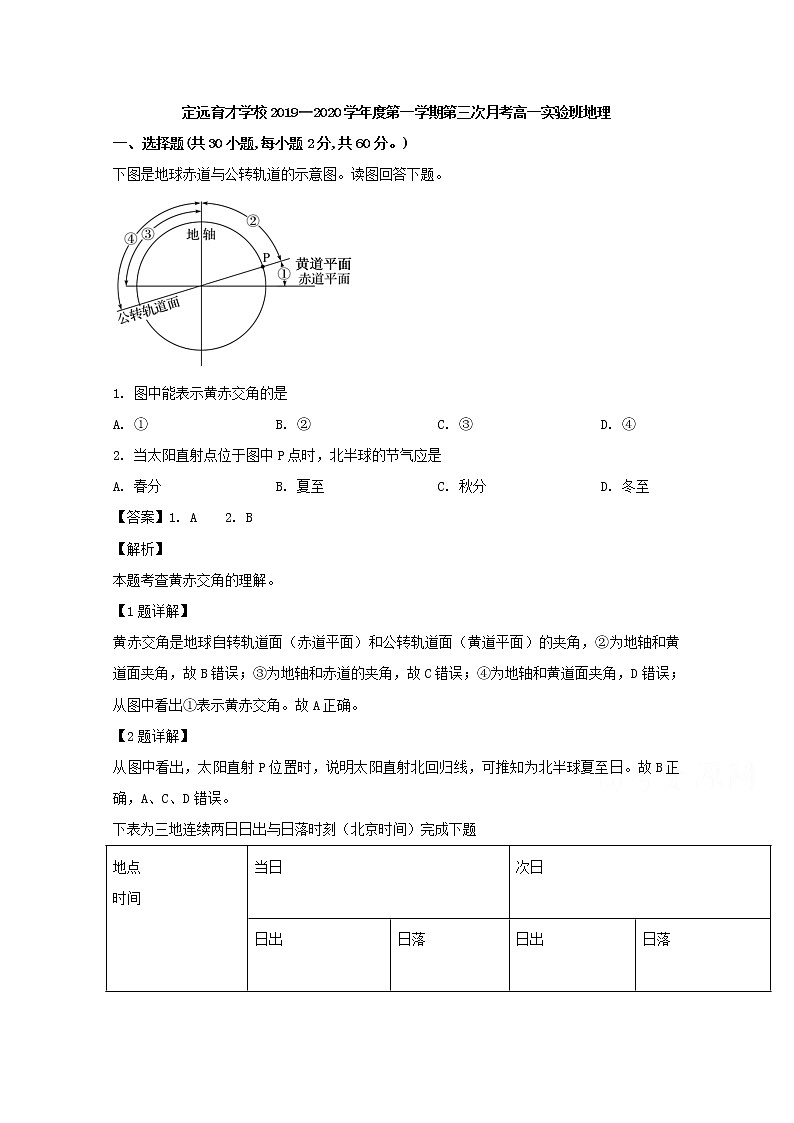 安徽省滁州市定远县育才学校2019-2020学年高一（实验班）上学期第三次月考地理试题01