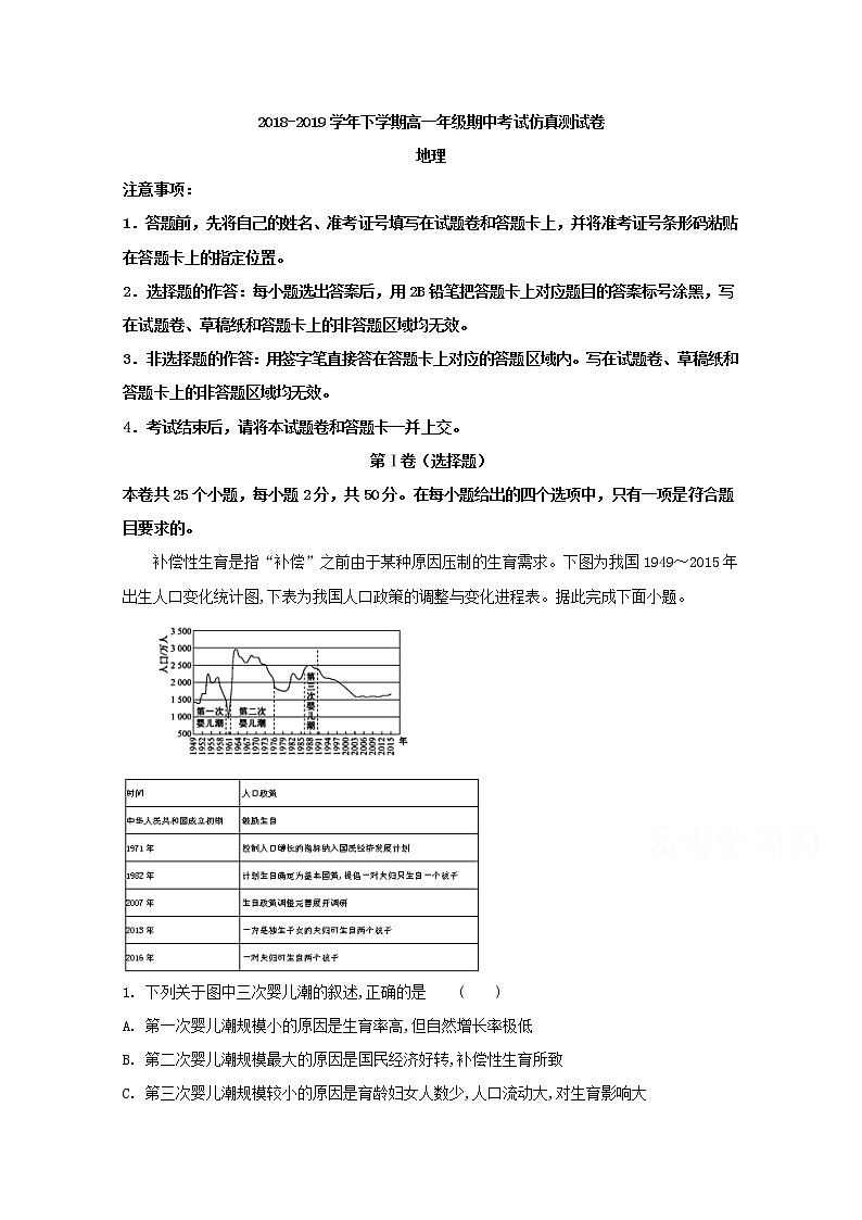 湖北省名校联盟2018-2019学年高一下学期期中考试仿真卷（A卷）地理试题01