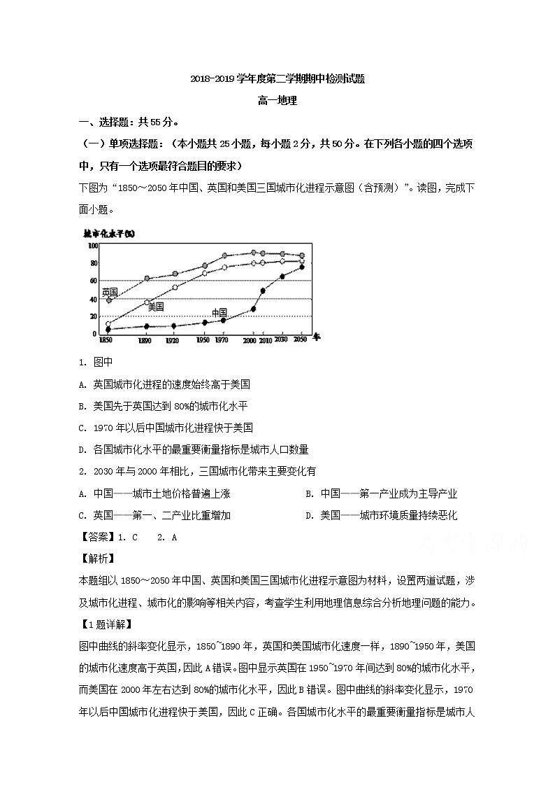 江苏省扬州市宝应县安宜高级中学2018-2019学年高一下学期期中检测地理试题01