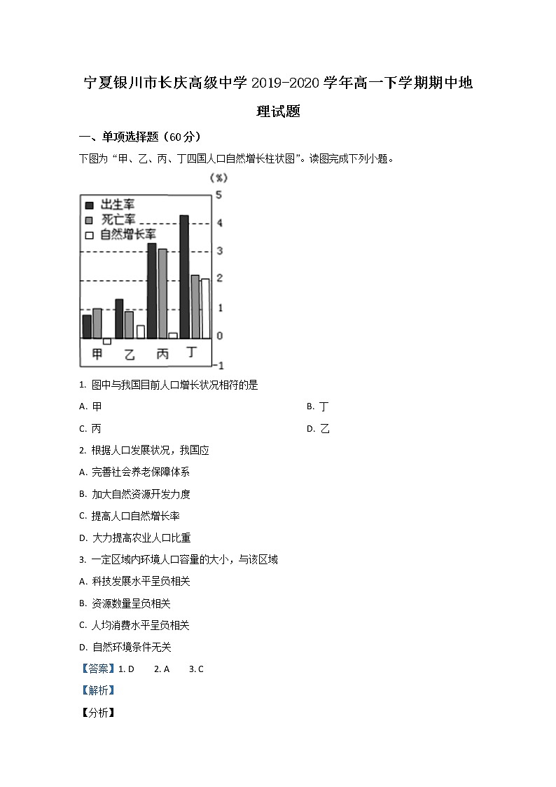 宁夏银川市长庆高级中学2019-2020学年高一下学期期中考试地理试题第1页