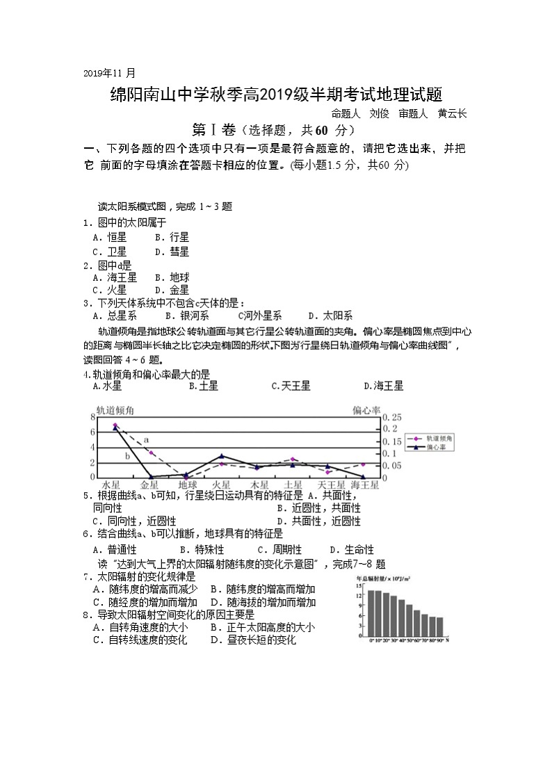 四川省绵阳南山中学2019-2020学年高一上学期期中考试地理试题01