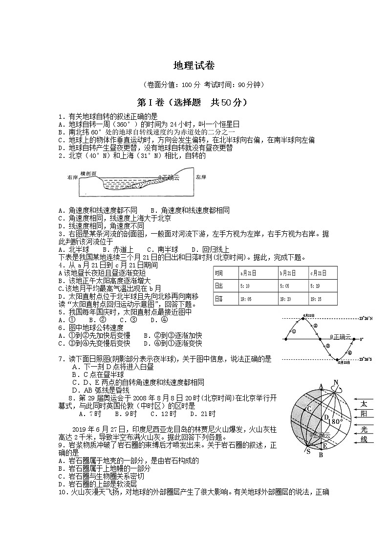 新疆博尔塔拉蒙古自治州第五师高级中学2019-2020学年高一上学期期中考试地理试卷第1页