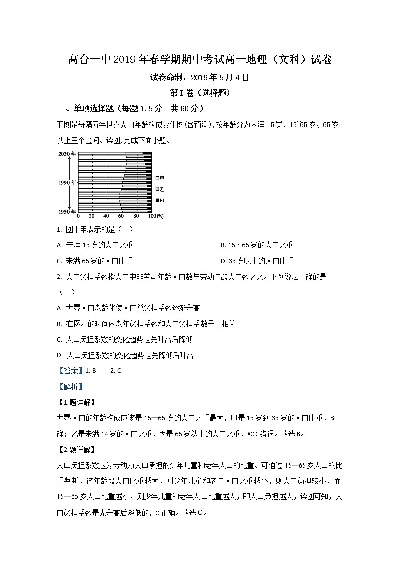 甘肃省高台县第一中学2018-2019学年高一下学期期中考试地理试题（文科）01