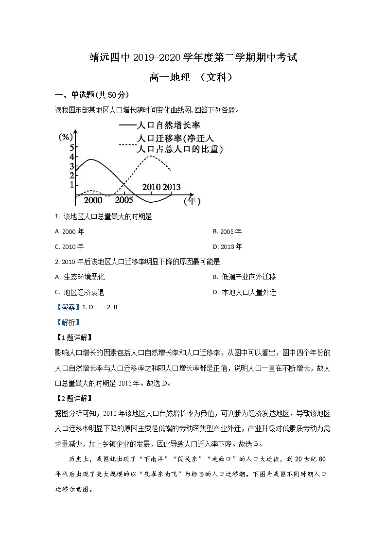 甘肃省白银市靖远县第四中学2019-2020学年高一下学期期中考试地理试题01